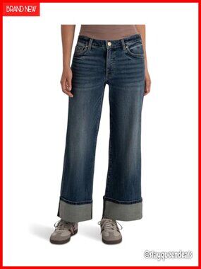 High Rise Wide Leg Roll Up Hem Jeans Cotton Spandex Relaxed Fit